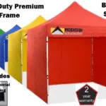 Row of colorful heavy-duty canopy tents with a red Mountain Shade tent in front label-bearing features like 2-year warranty and bulk buy offer.